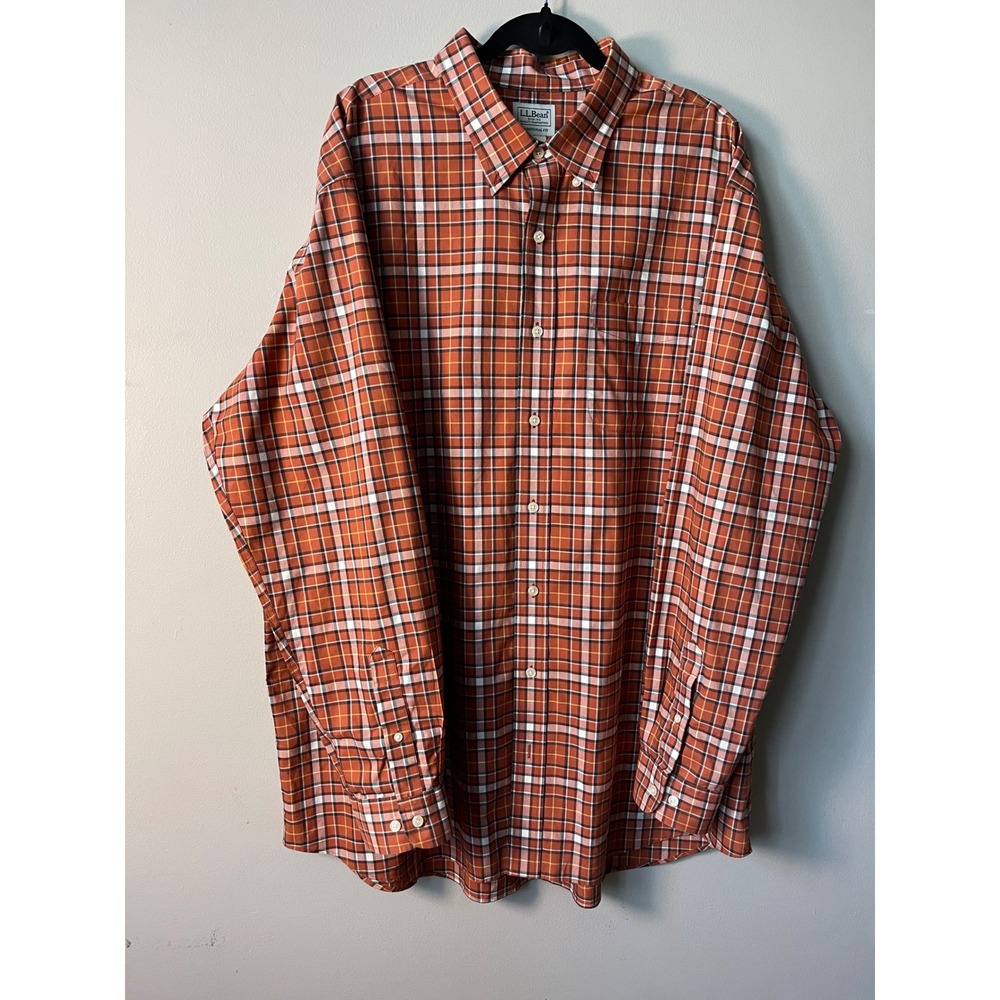 LL Bean Mens XXL Tall Plaid Button Down long sleeve Orange 500977 wrinkle free
